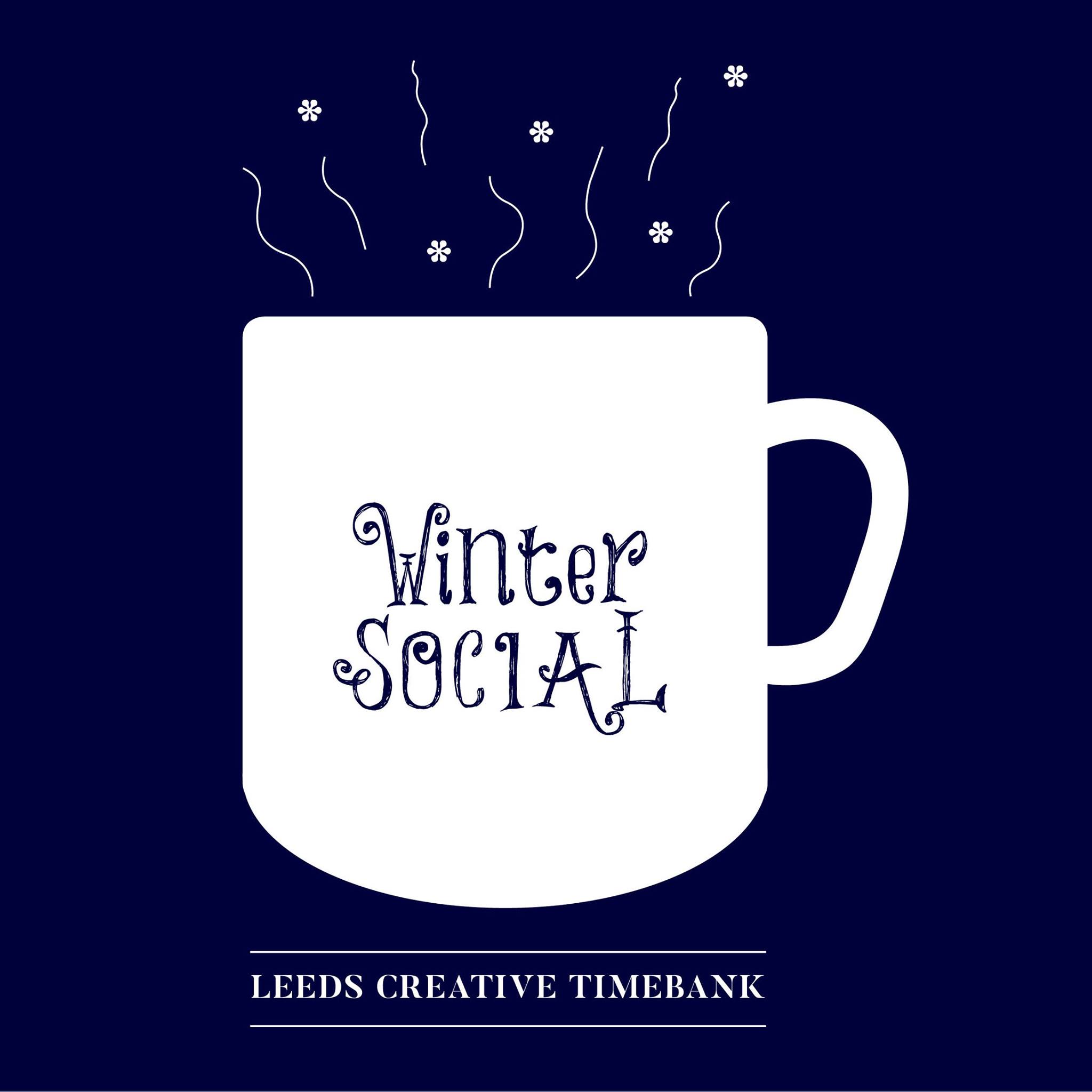Winter Social graphic showing the cup including the event name, and Leeds Creative Timebank on a stylistic cup