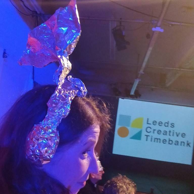 Event photo from Winter Social and Design Hack showing member Lucy Meredith in a foil headpiece.