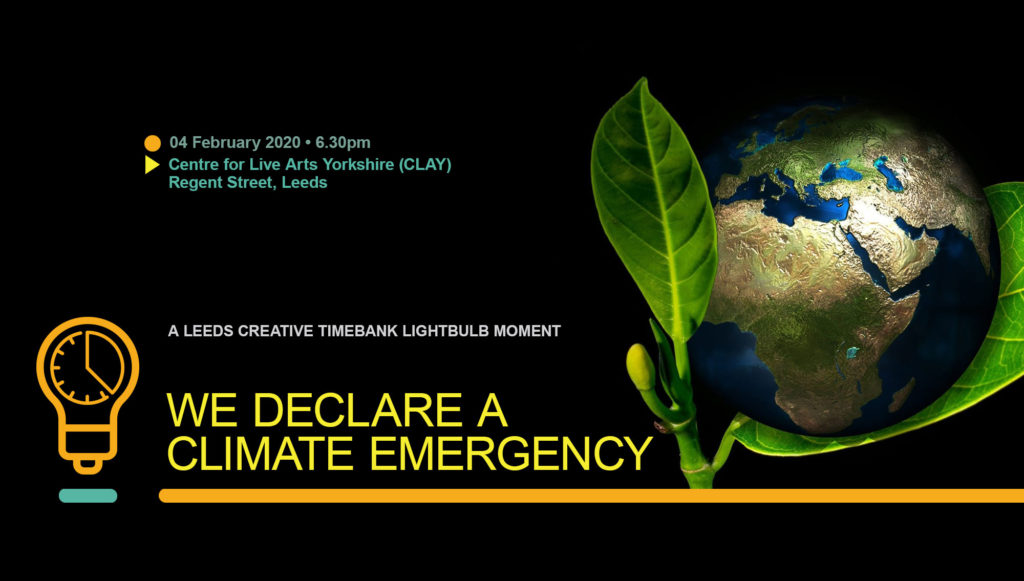 Leeds Creative Timebank declares a Climate Emergency - banner includes event details. Features lightbulb moment icon and globe/leaf image.