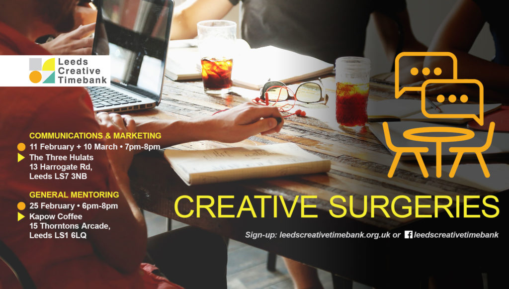 Creative surgeries banner - announcing  communication sessions on 11 Feb and 10 March 2020 and general mentoring sessions on 25 February 2020 (full details below)