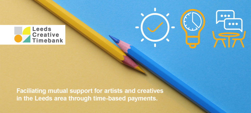 Main homepage banner issue - includes Leeds Creative Timebank logo, 3 icons for wellbeing, lightbulb moments and mentoring surgeries. The background is an image of two coloured pencils and it includes the text "Facilitating mutual support for artists and creative in the Leeds area through time-based payments.